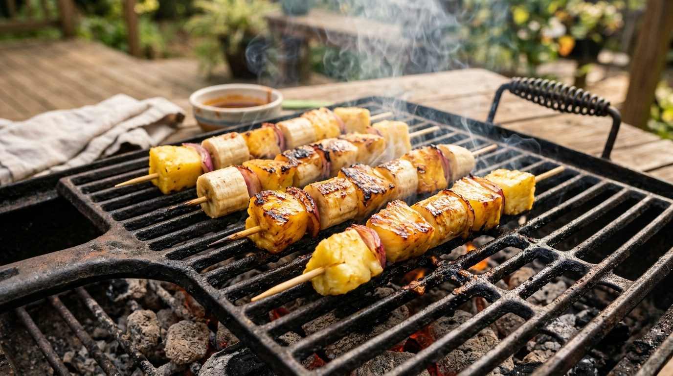 Brochettes d'ananas et de bananes dorées sur la grille d'un barbecue