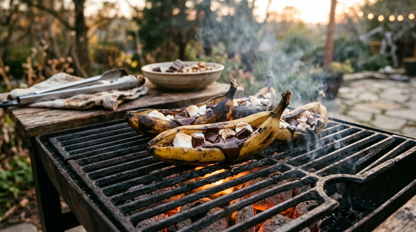 Bananes garnies de chocolat fondant cuisant doucement sur la grille d'un barbecue