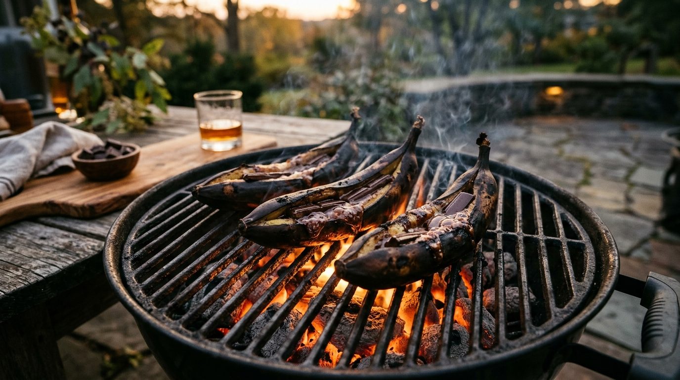 Bananes fourrées au chocolat en train de fondre sur la grille d'un barbecue