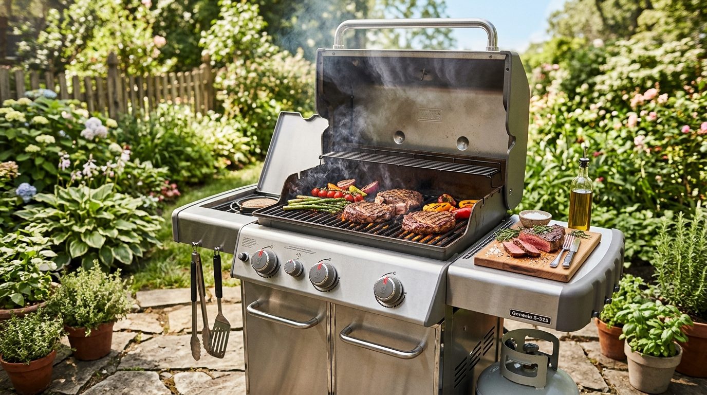 Barbecue à gaz trois brûleurs en acier inoxydable installé sur une terrasse de jardin