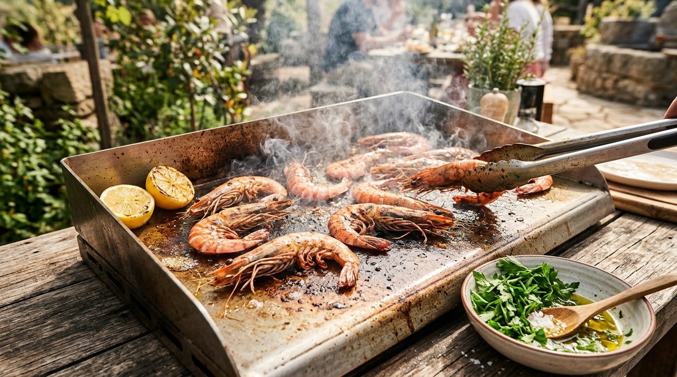 Cuisson vive de gambas fraîches sur une plaque de plancha chaude