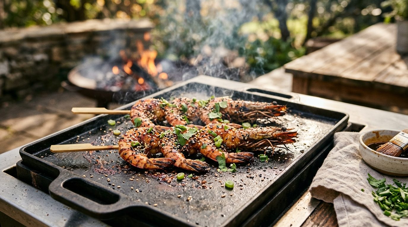 Brochettes de gambas marinées au gingembre en train de cuire sur une plancha chaude avec graines de sésame