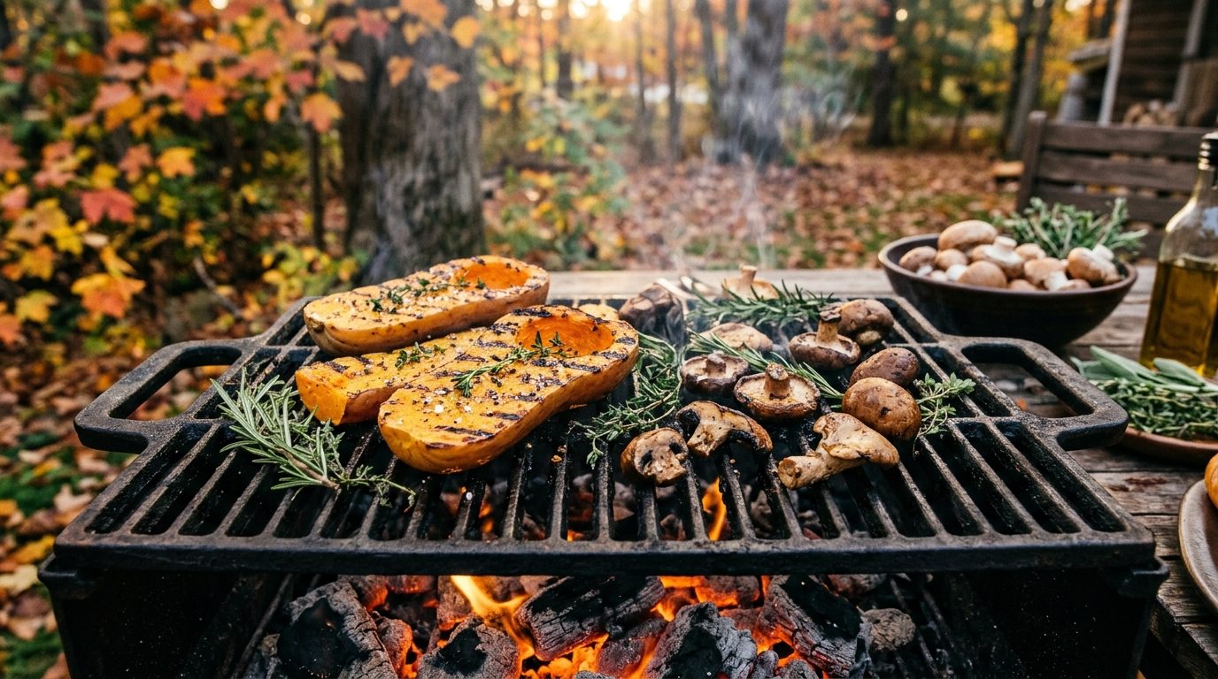Légumes d'automne et herbes aromatiques rôtis sur la grille d'un barbecue