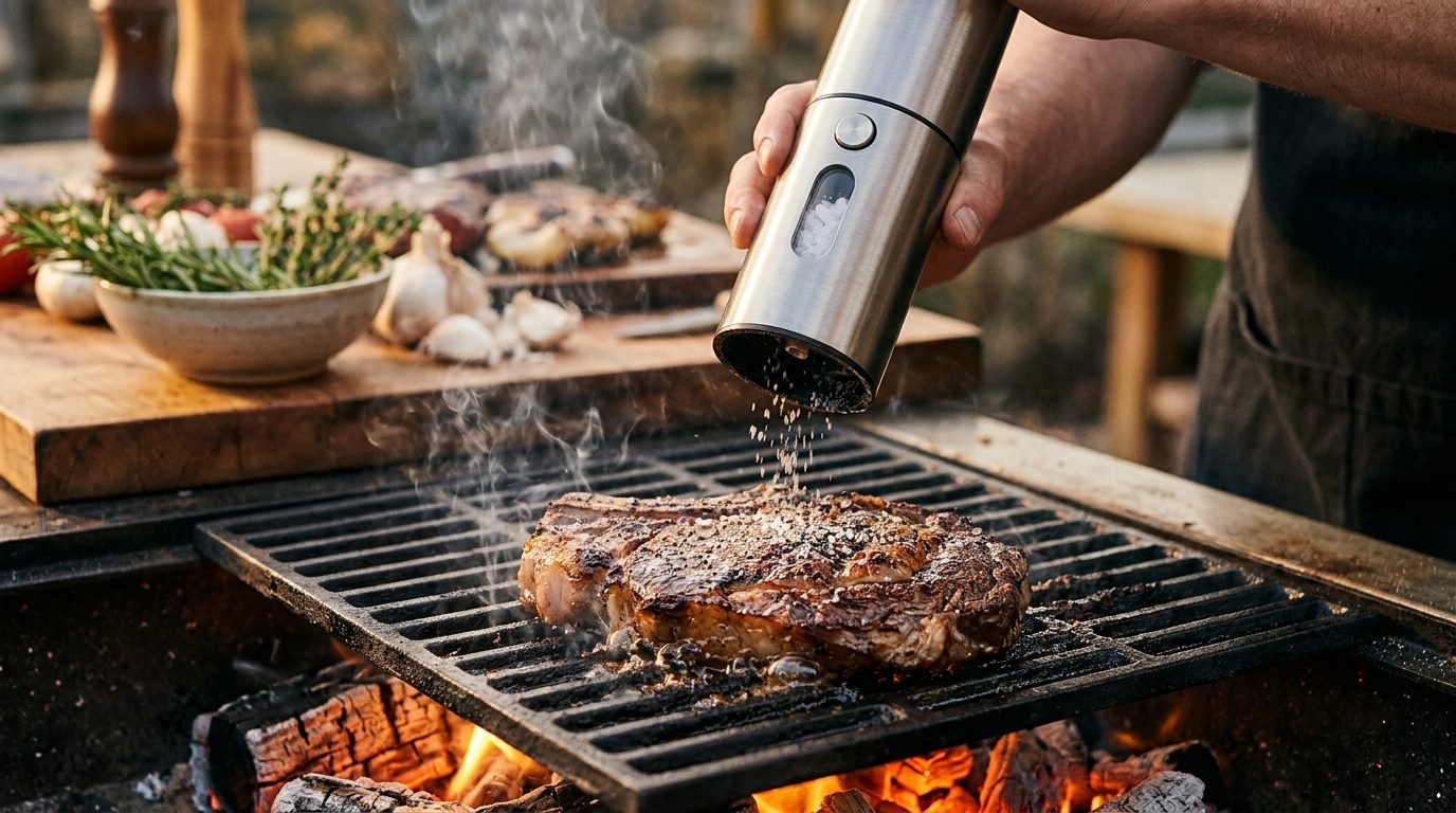 Salière électrique en inox assaisonnant une viande sur une grille de barbecue