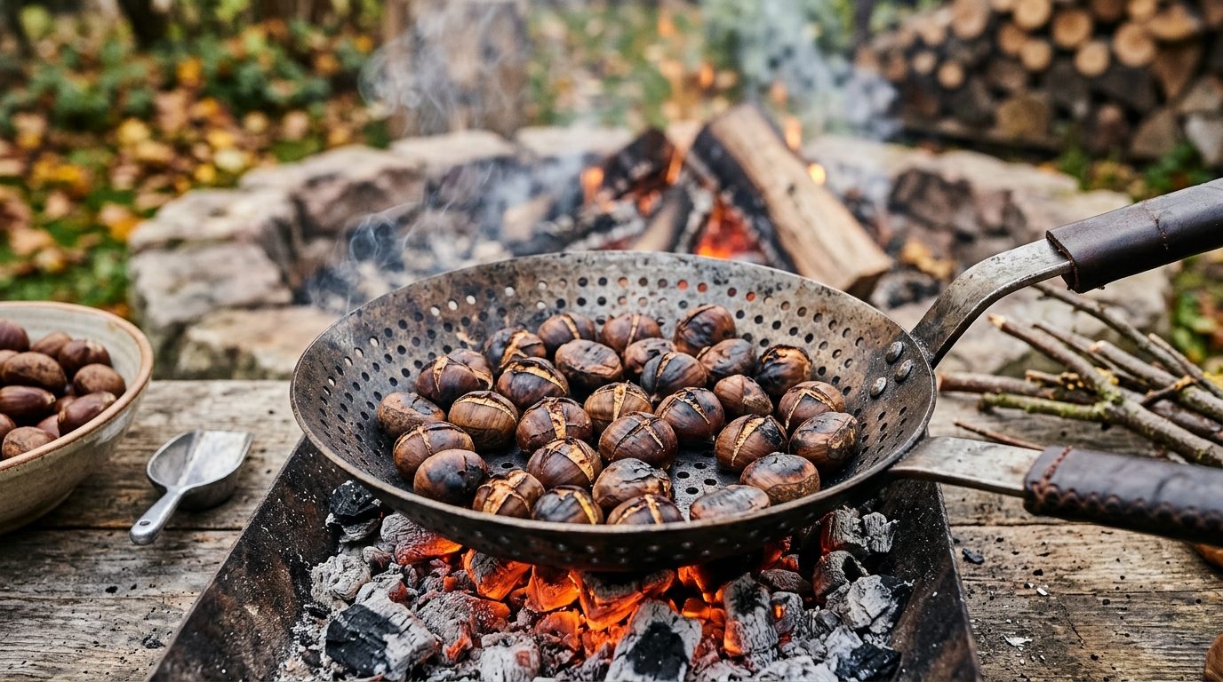 Marrons grillés à la poêle sur les braises : la méthode au feu de bois