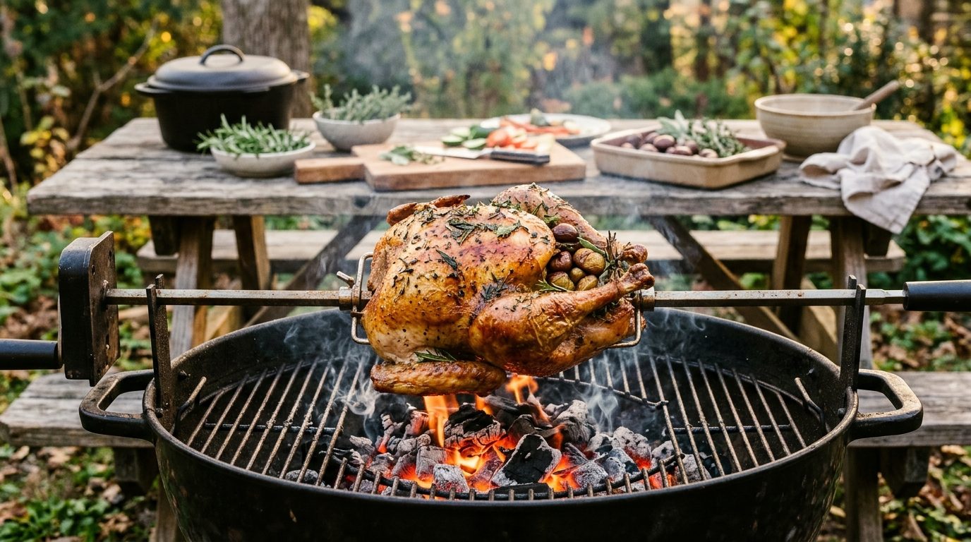 Dinde farcie aux marrons au barbecue et à la broche
