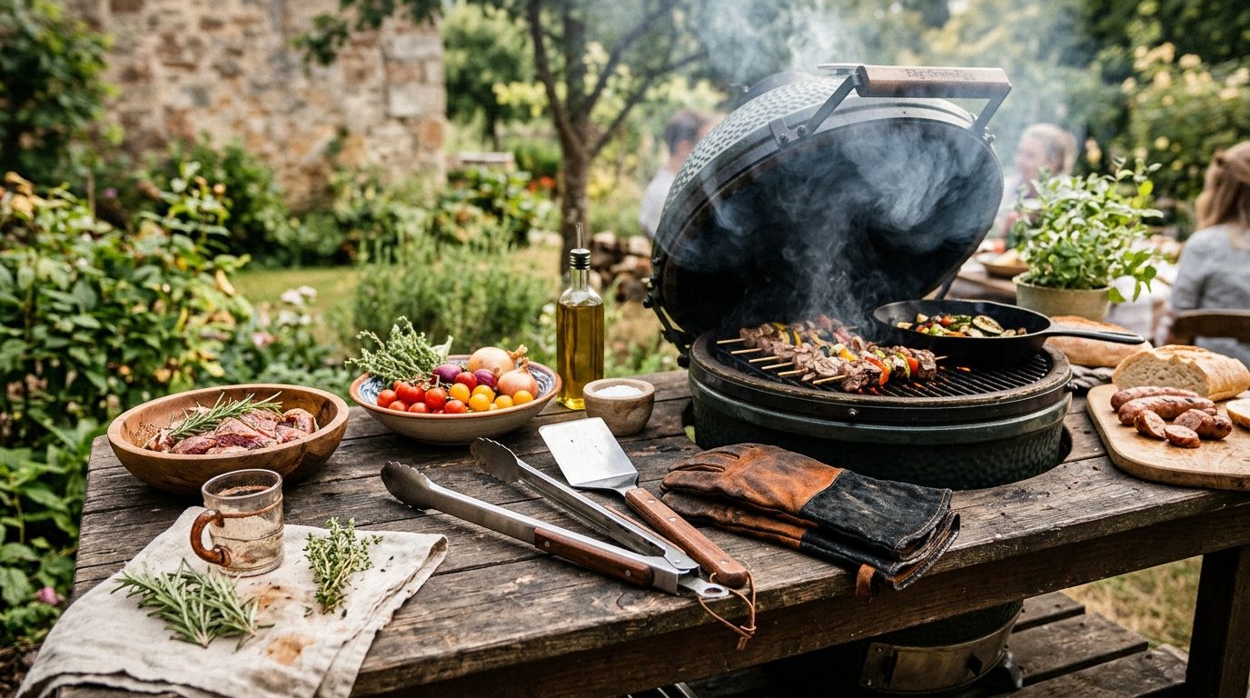 Sélection d'accessoires essentiels pour la cuisson au barbecue posés sur une table en bois près des braises