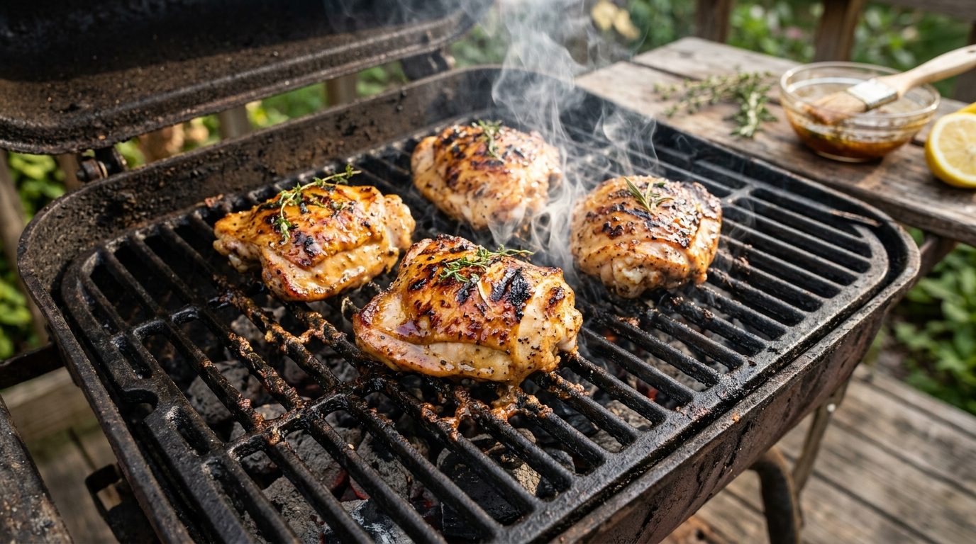 Morceaux de poulet grillés au barbecue avec une marinade miel et citron