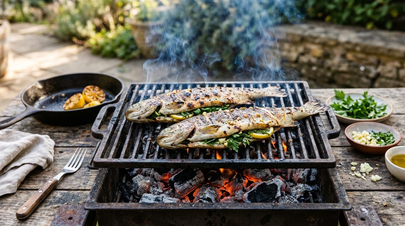 Truites entières farcies au persil grillant sur la braise d'un barbecue