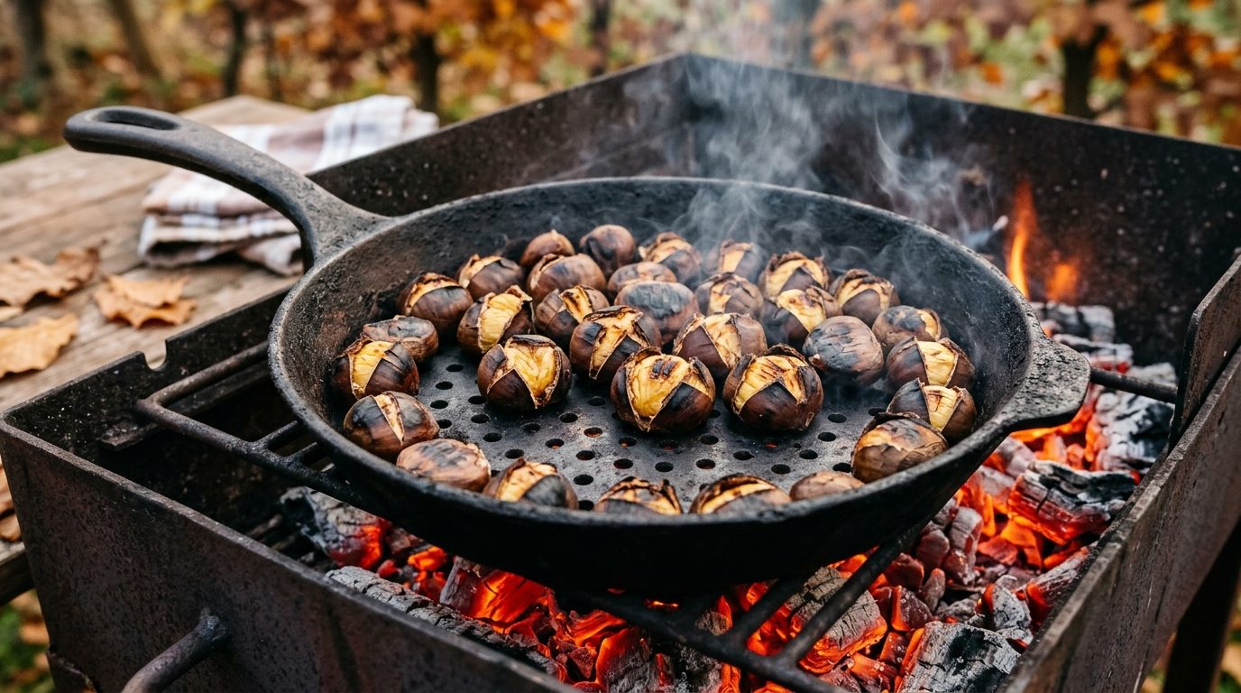 Poêle en tôle perforée remplie de marrons en train de griller au-dessus des braises d'un barbecue