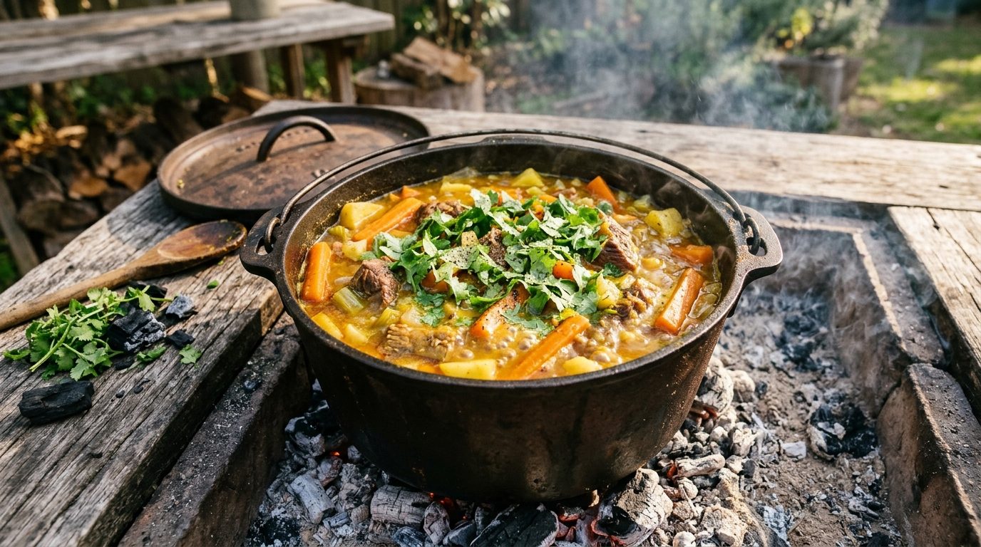 Cocotte en fonte sur braises avec un mijoté de bœuf aux carottes façon tajine