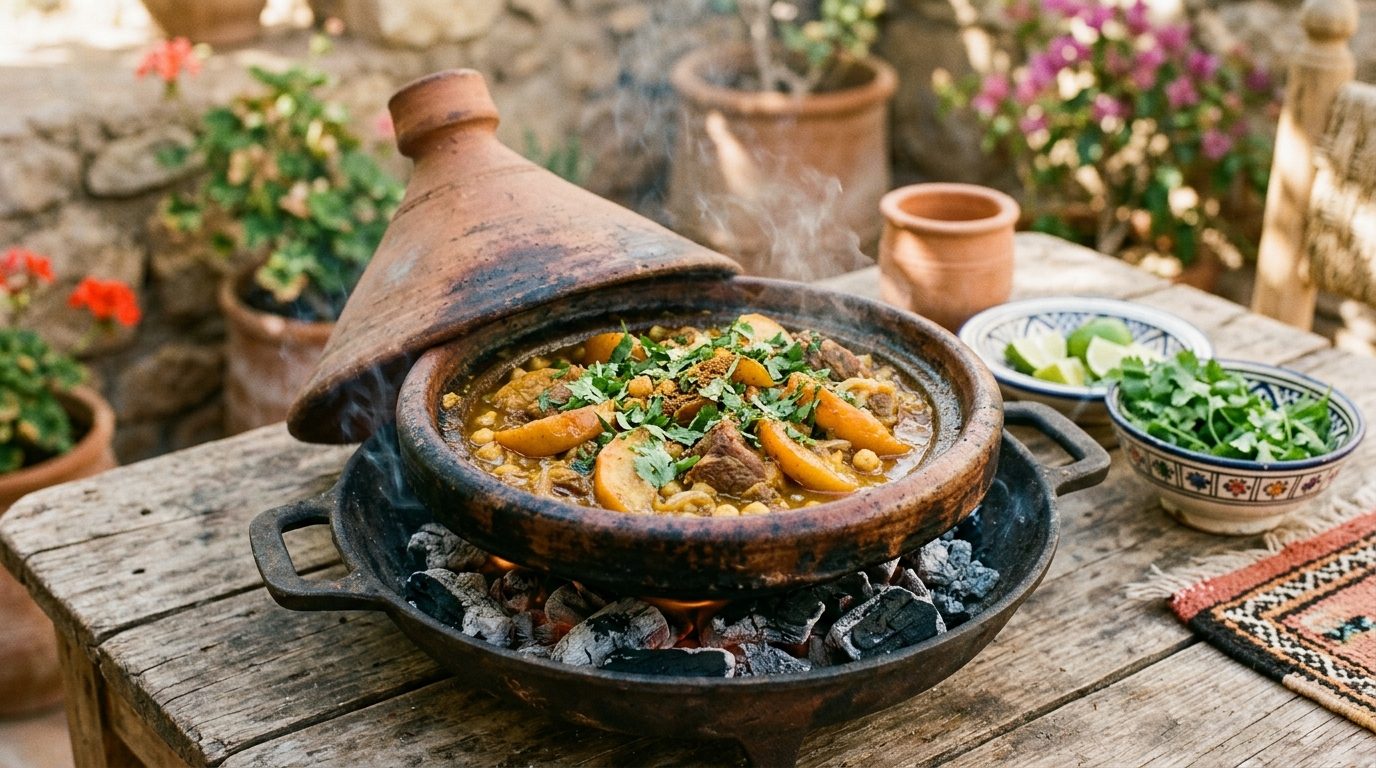 Tajine d'agneau et coings en train de mijoter sur les braises d'un barbecue extérieur