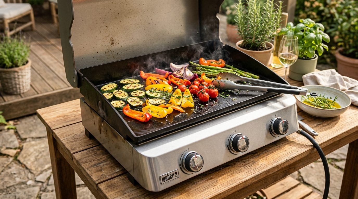 Légumes frais saisis sur une plancha en inox sur une terrasse ensoleillée