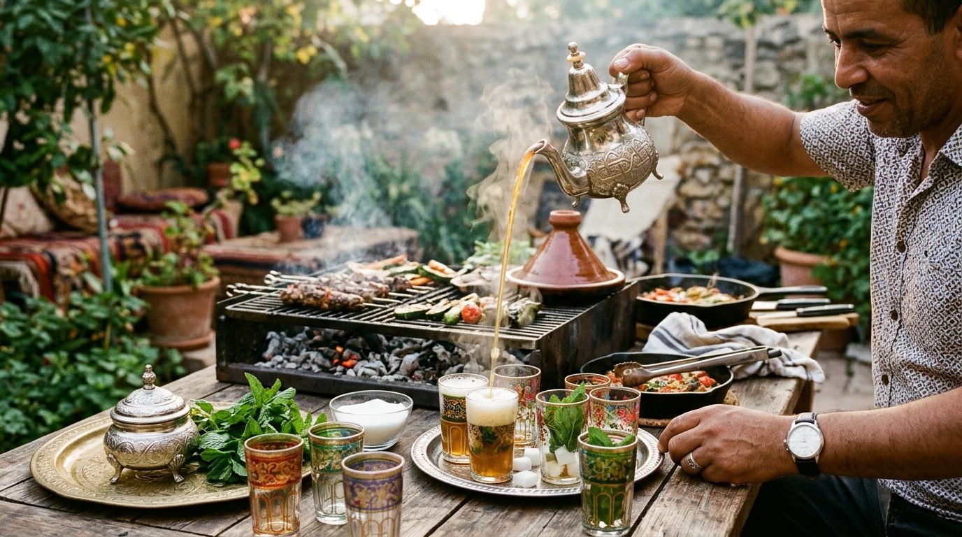 Service traditionnel du thé à la menthe versé de haut dans des verres ciselés