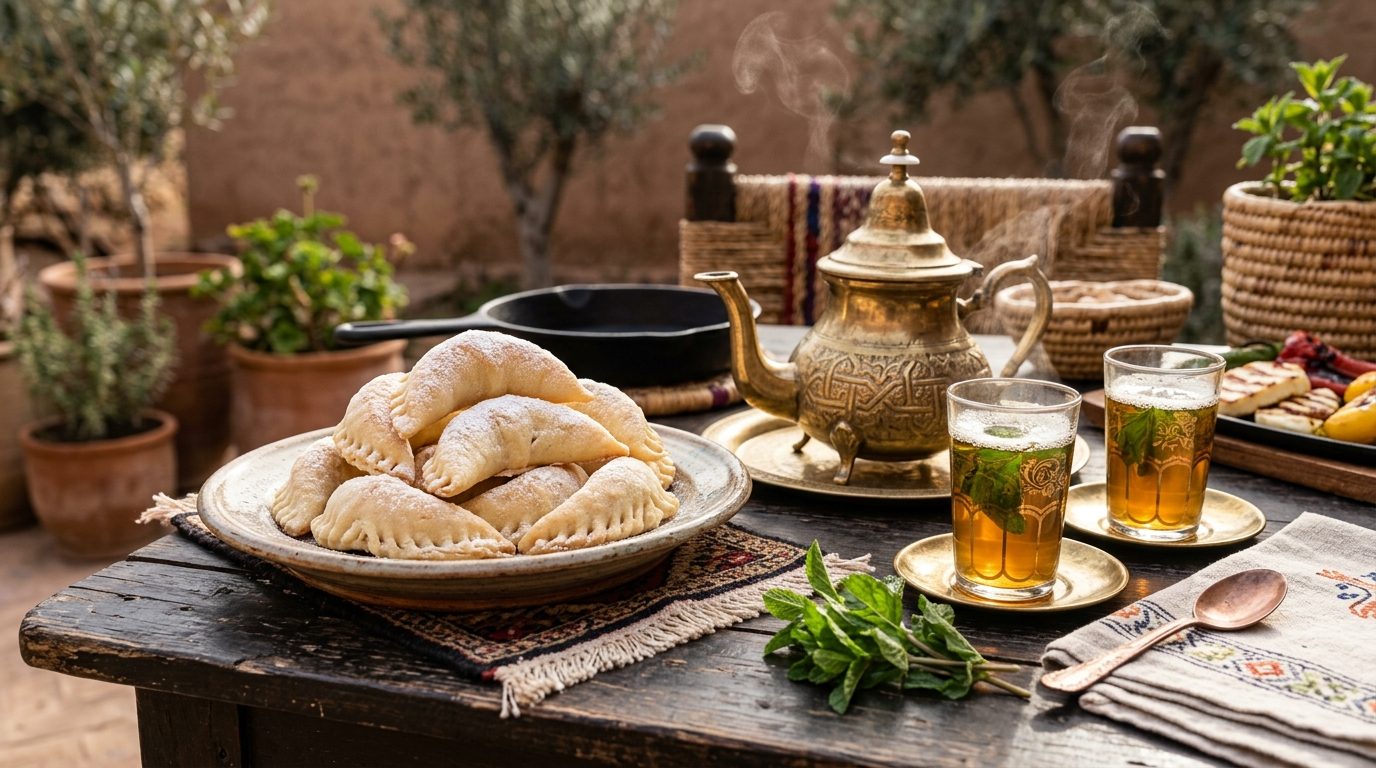 Assiette de cornes de gazelle faites maison servies avec du thé à la menthe