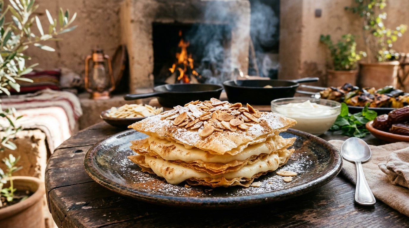 Pastilla au lait et aux amandes croustillantes servie sur une assiette avec cannelle et amandes effilées