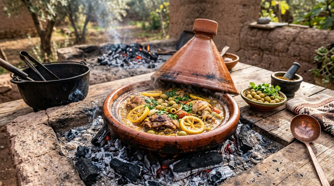 Tajine de poulet aux olives et citron confit mijotant sur des braises extérieures