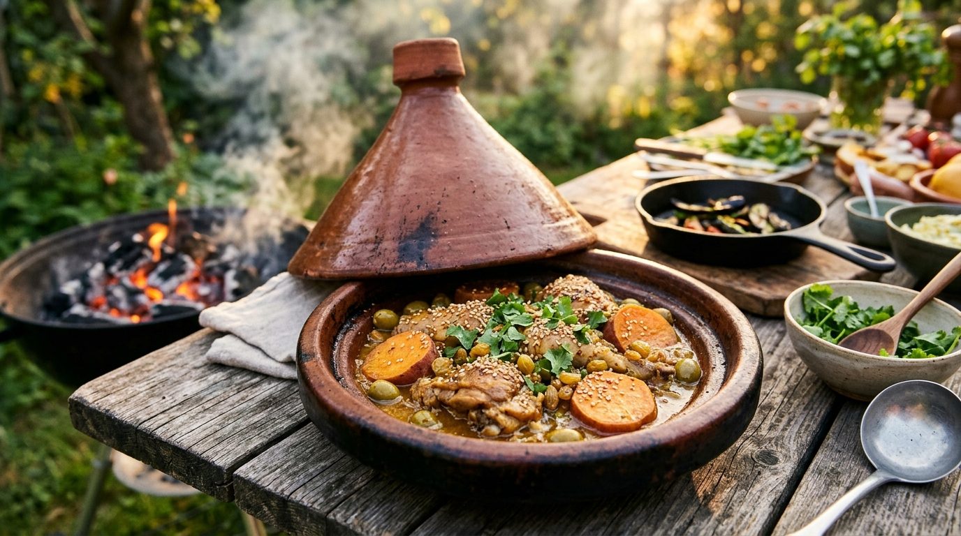 Tajine de poulet aux patates douces : recette mijotée aux braises