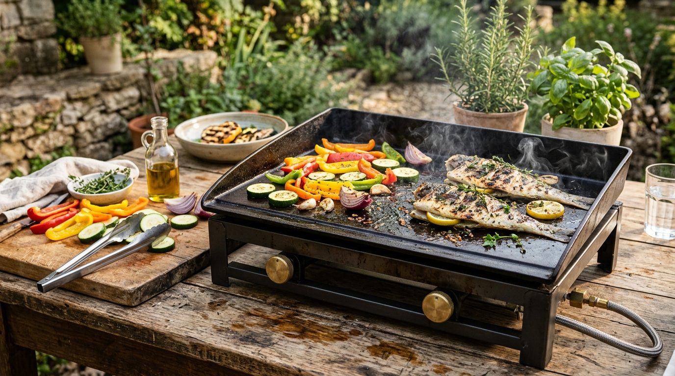 Cuisson de légumes frais et filets de poisson sur une plancha à gaz en extérieur