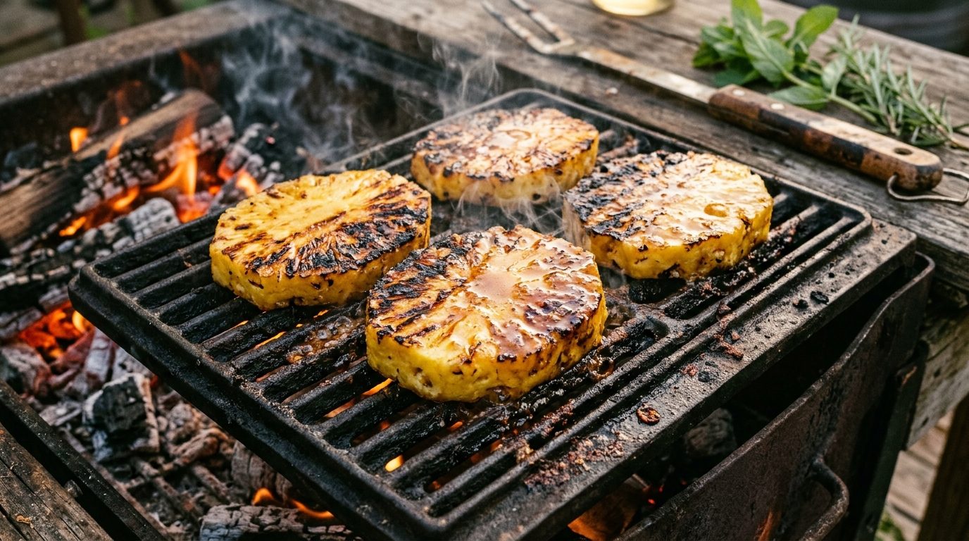 Tranches d'ananas dorées sur la grille d'un barbecue au feu de bois
