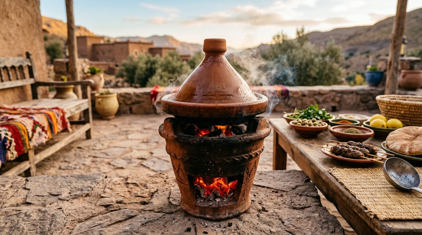 Kanoun traditionnel en terre cuite avec braises chaudes et plat à tajine sur une terrasse