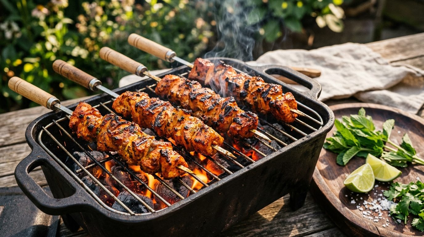 Brochettes de poulet tandoori cuisant sur la grille d'un barbecue au charbon de bois