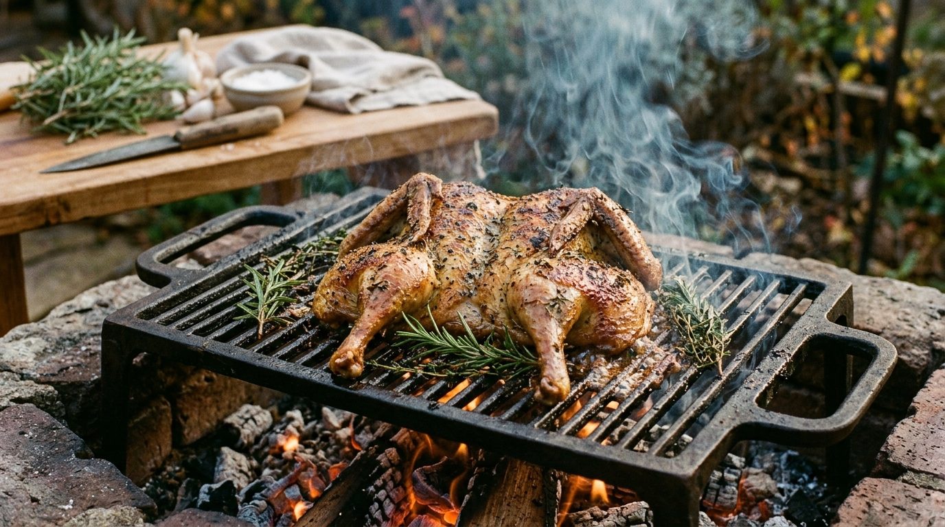 Canard rôti doré sur la grille d'un barbecue au feu de bois
