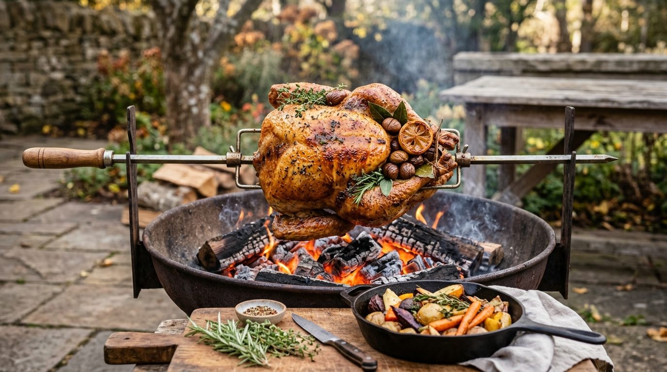 Dinde farcie aux marrons au barbecue et à la broche