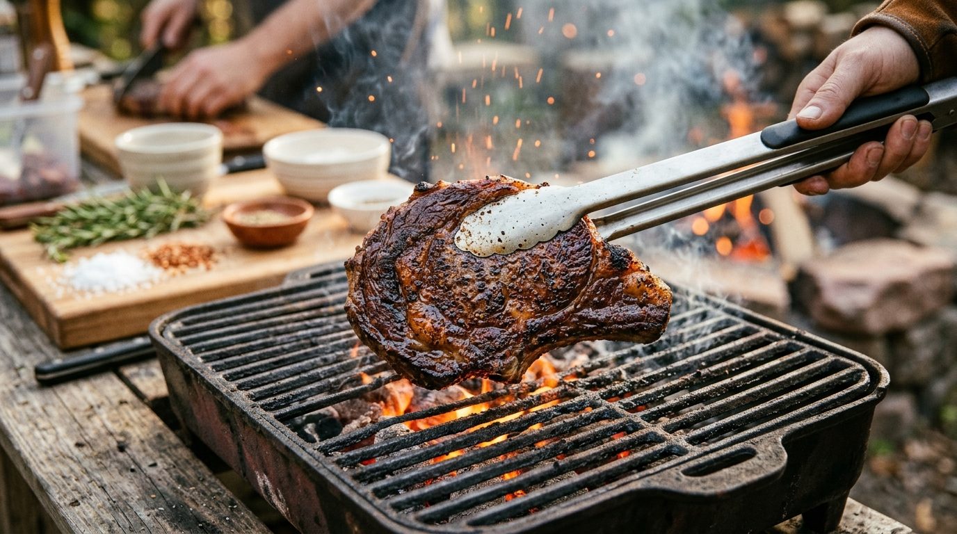 Pince en acier inoxydable saisissant une viande en cours de cuisson sur la grille d'un barbecue
