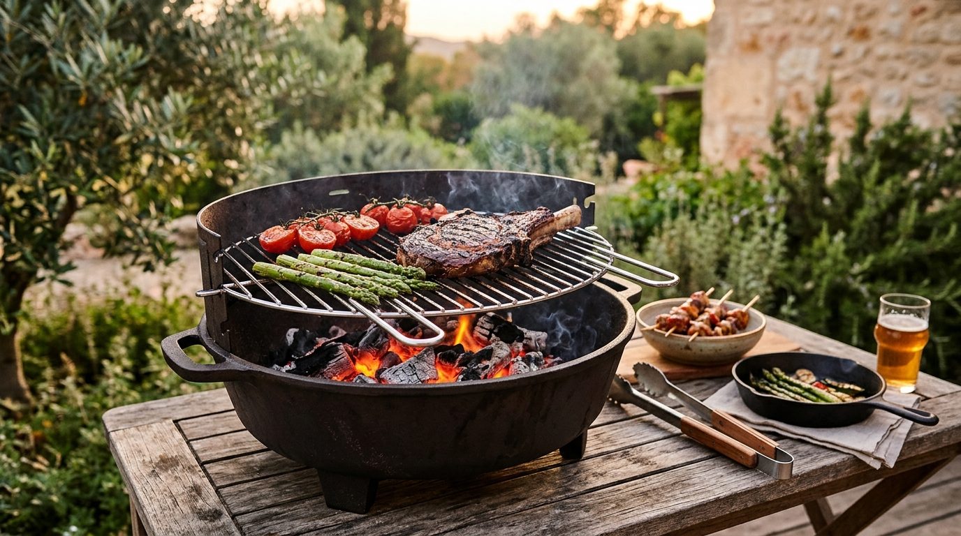 Barbecue au charbon avec cuve en fonte et grille réglable sur une terrasse extérieure