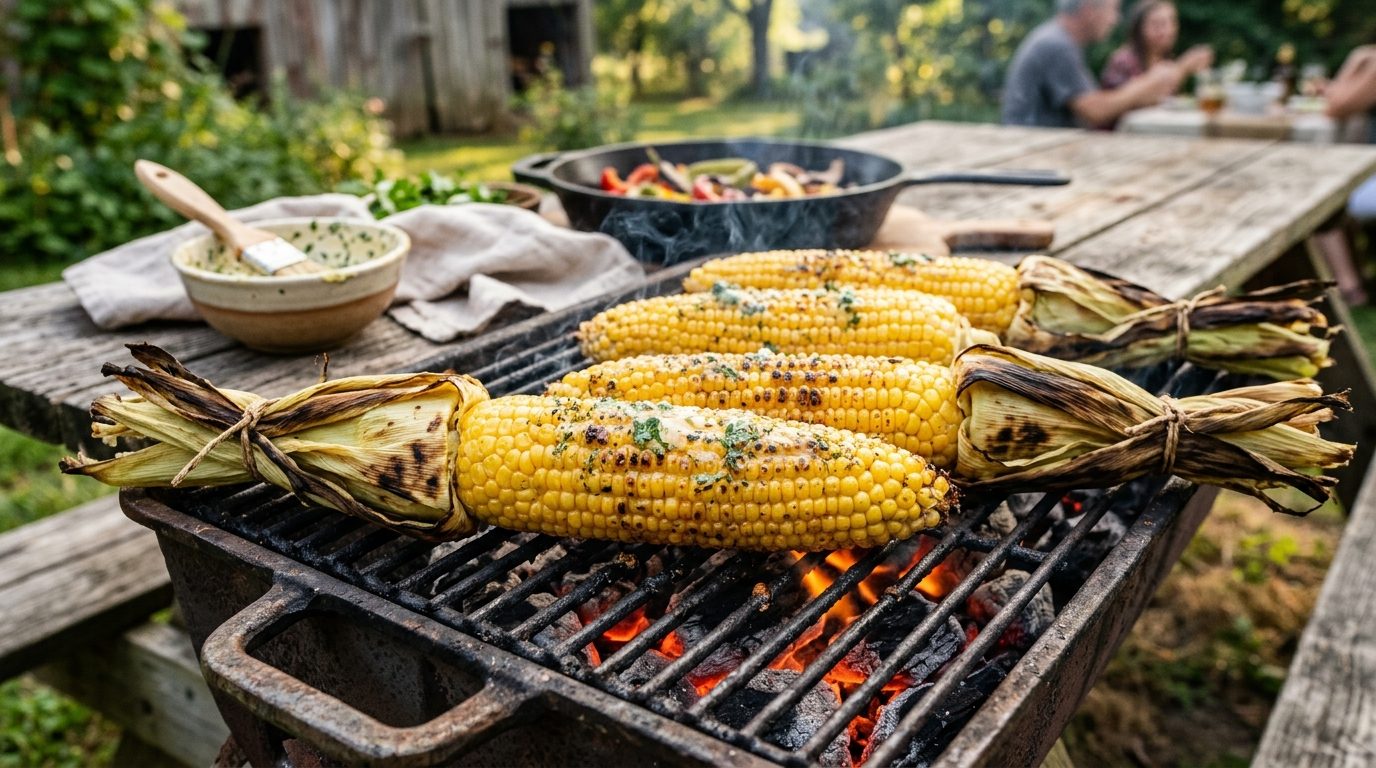 Épis de maïs dorés au barbecue badigeonnés de beurre à l'ail et persil sur une grille chaude