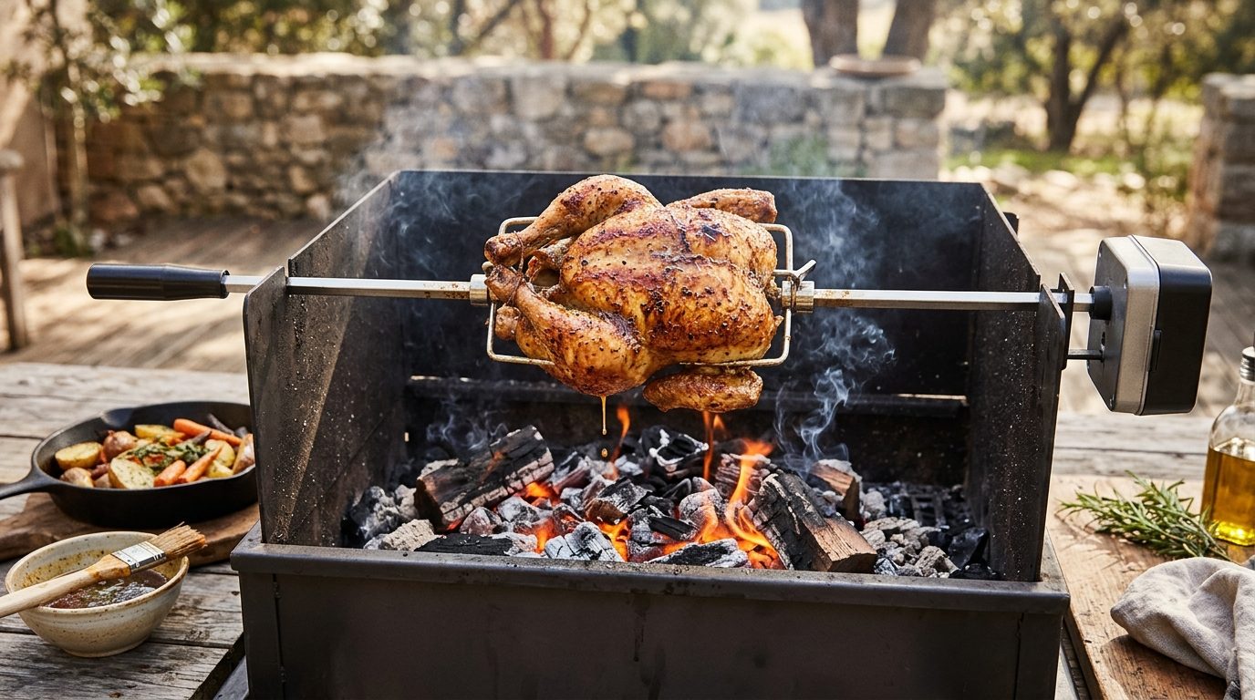 Poulet entier doré cuisant sur une broche électrique de barbecue