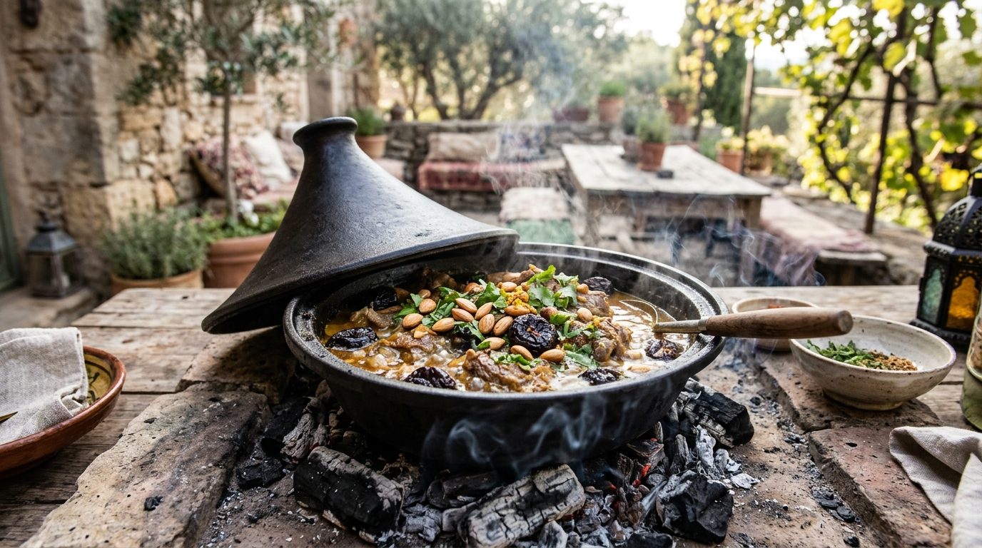 Tajine d'agneau aux pruneaux et amandes mijoté dans une cocotte en extérieur sur les braises