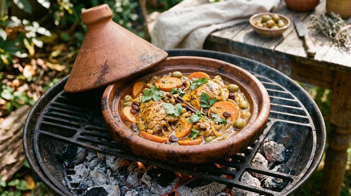 Tajine de poulet aux patates douces cuisant dans un plat en terre cuite sur les braises d'un barbecue