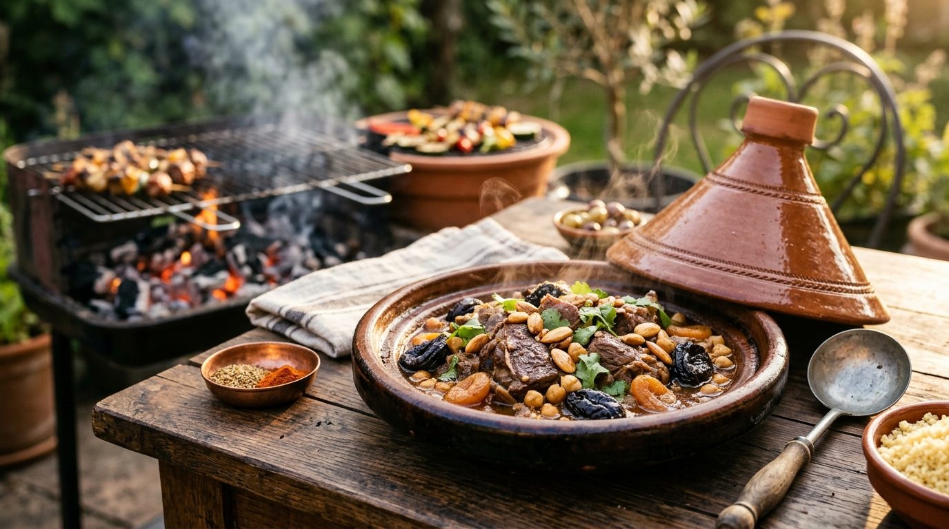 Tajine d&rsquo;agneau aux pruneaux et amandes : cuisson mijotée à la braise