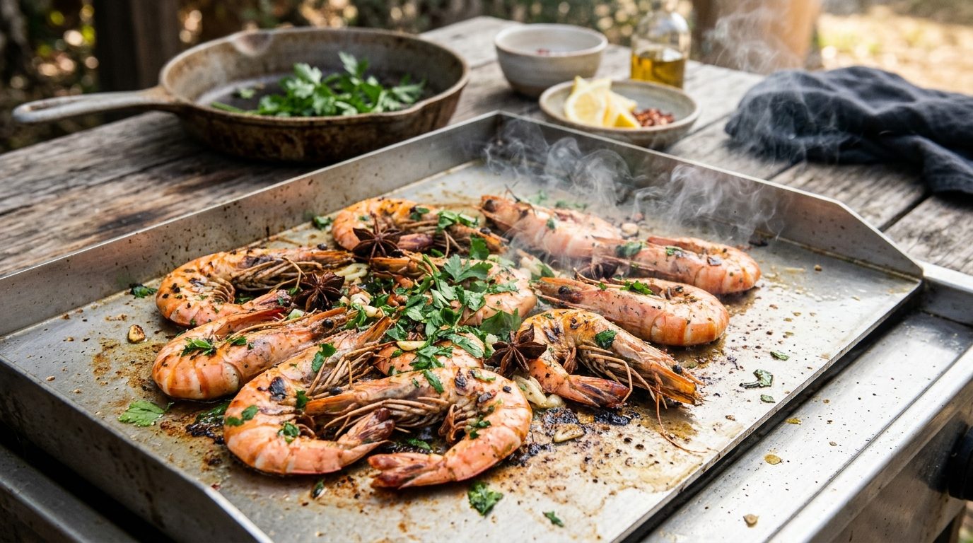 Gambas marinées à l&rsquo;anis et vin blanc à la plancha